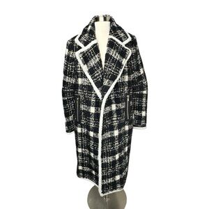 VERONICA BEARD Rare Mohair Coat • Black White Plaid Teddy Jacket Leather Accents